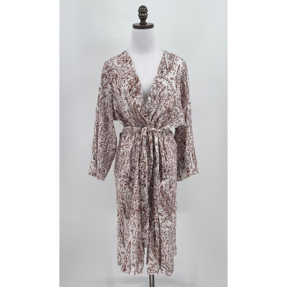 John Robshaw Womens White Brown Floral Cotton Tie Waist Robe Sz M/L